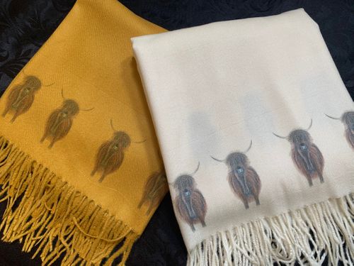 Highland Cows Handprinted on a Cashmere Blend Scarf